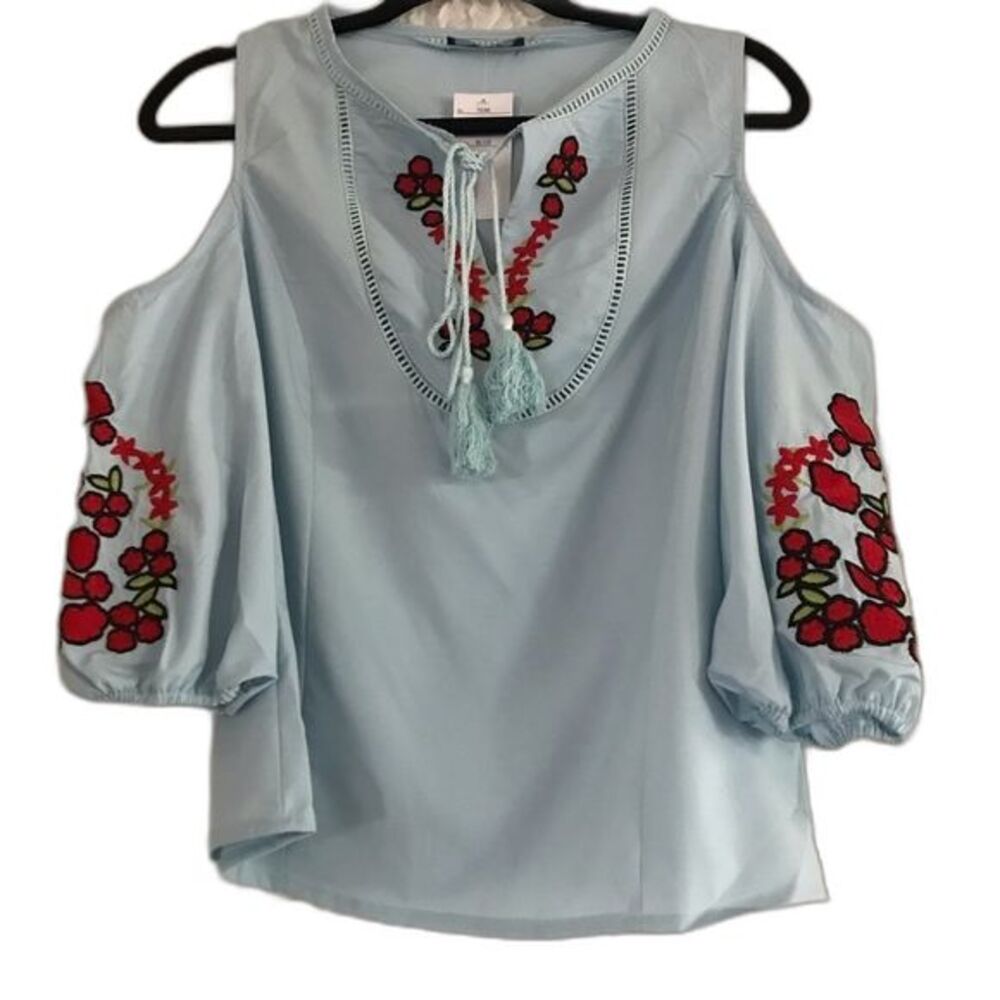 Adeline blue top women cold shoulder  floral  embroidery size M cottage core